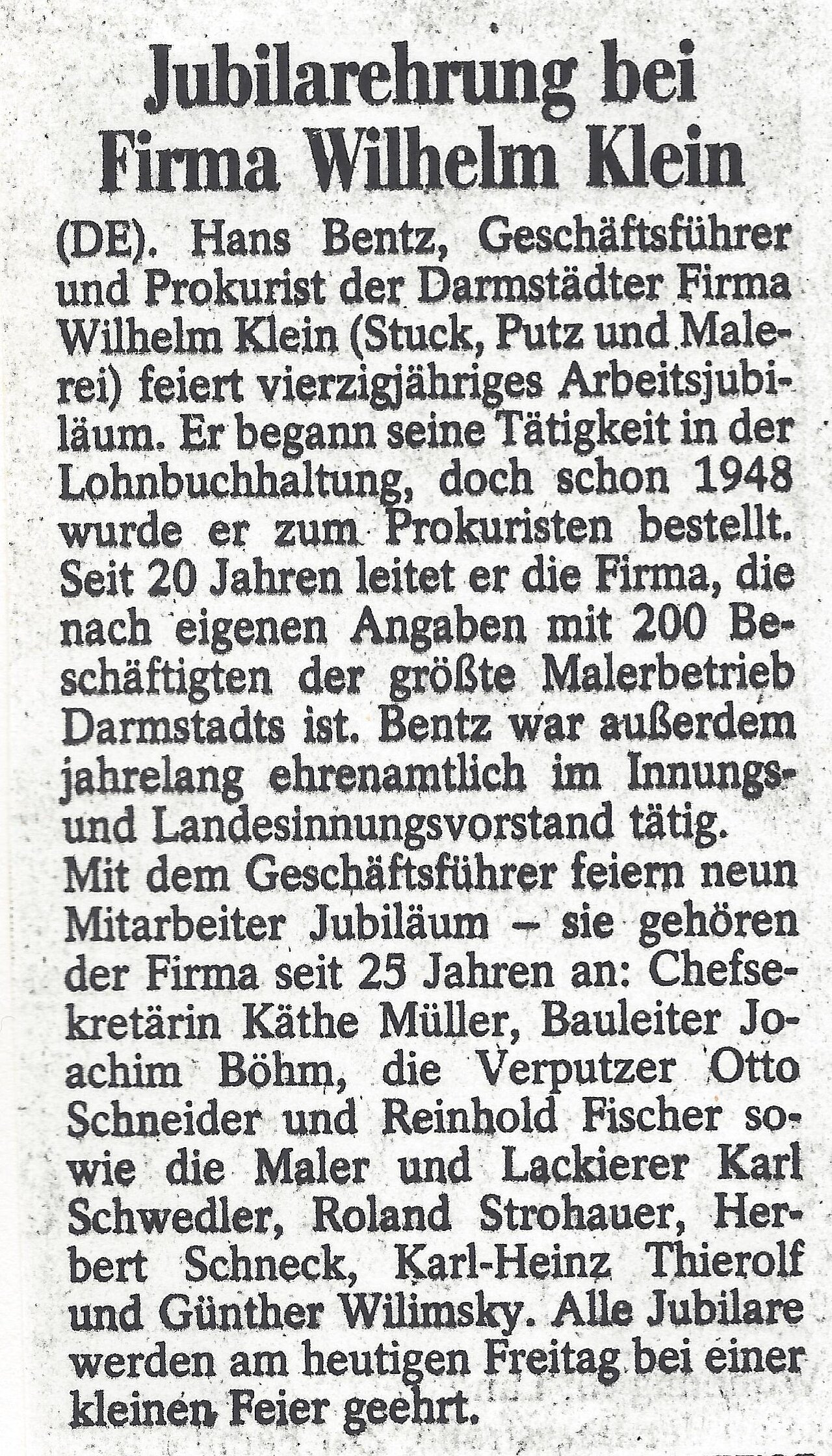 Zeitungsartikel anlässlich des 40. Betriebsjubiläums von Geschäftsführer Hans Bentz, 1985.
