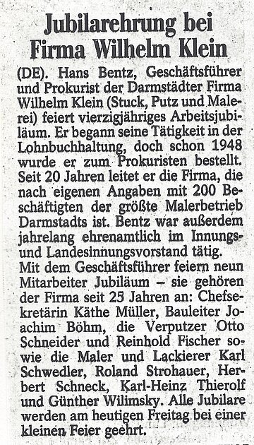 Zeitungsartikel anlässlich des 40. Betriebsjubiläums von Geschäftsführer Hans Bentz, 1985.
