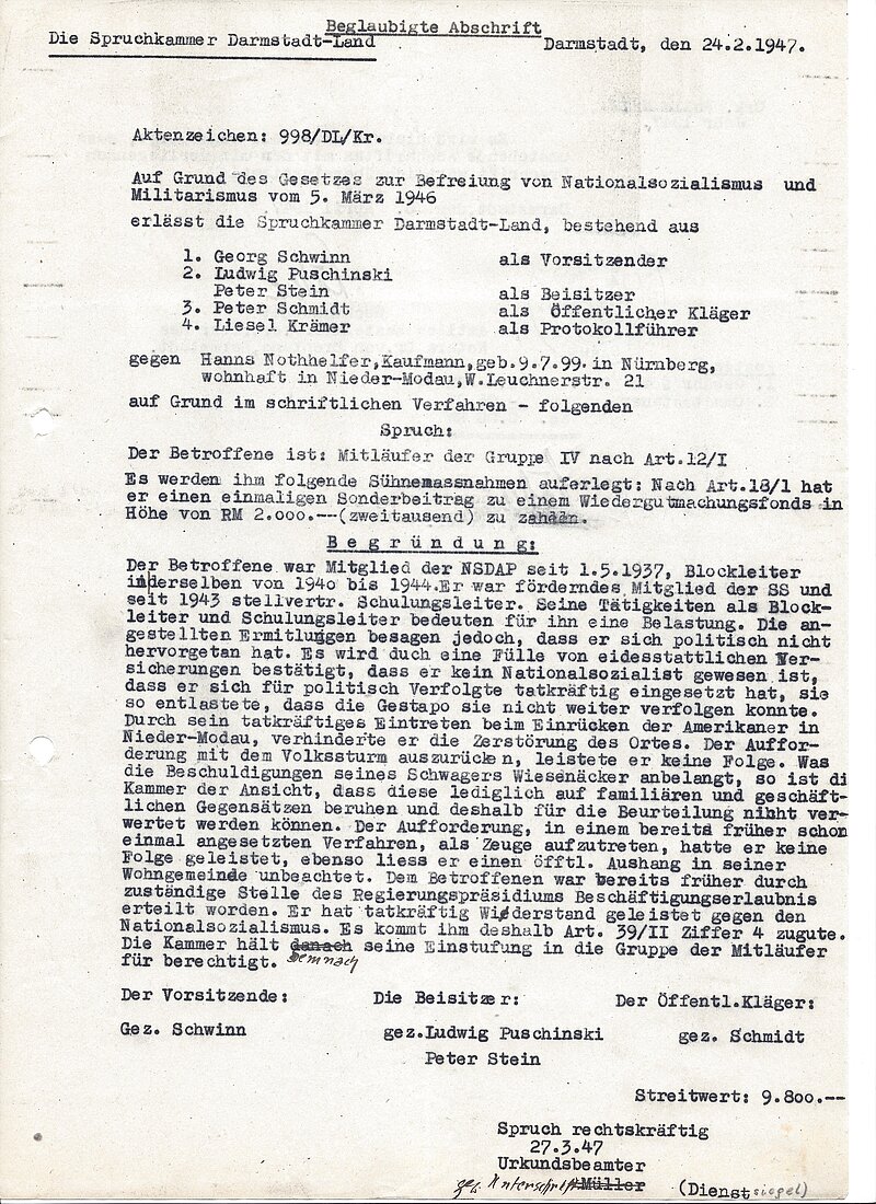 Das Urteil der Spruchkammer über Hanns Nothhelfer lautete "Mitläufer".