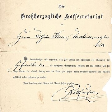 Patenturkunde Hofweissbinder 