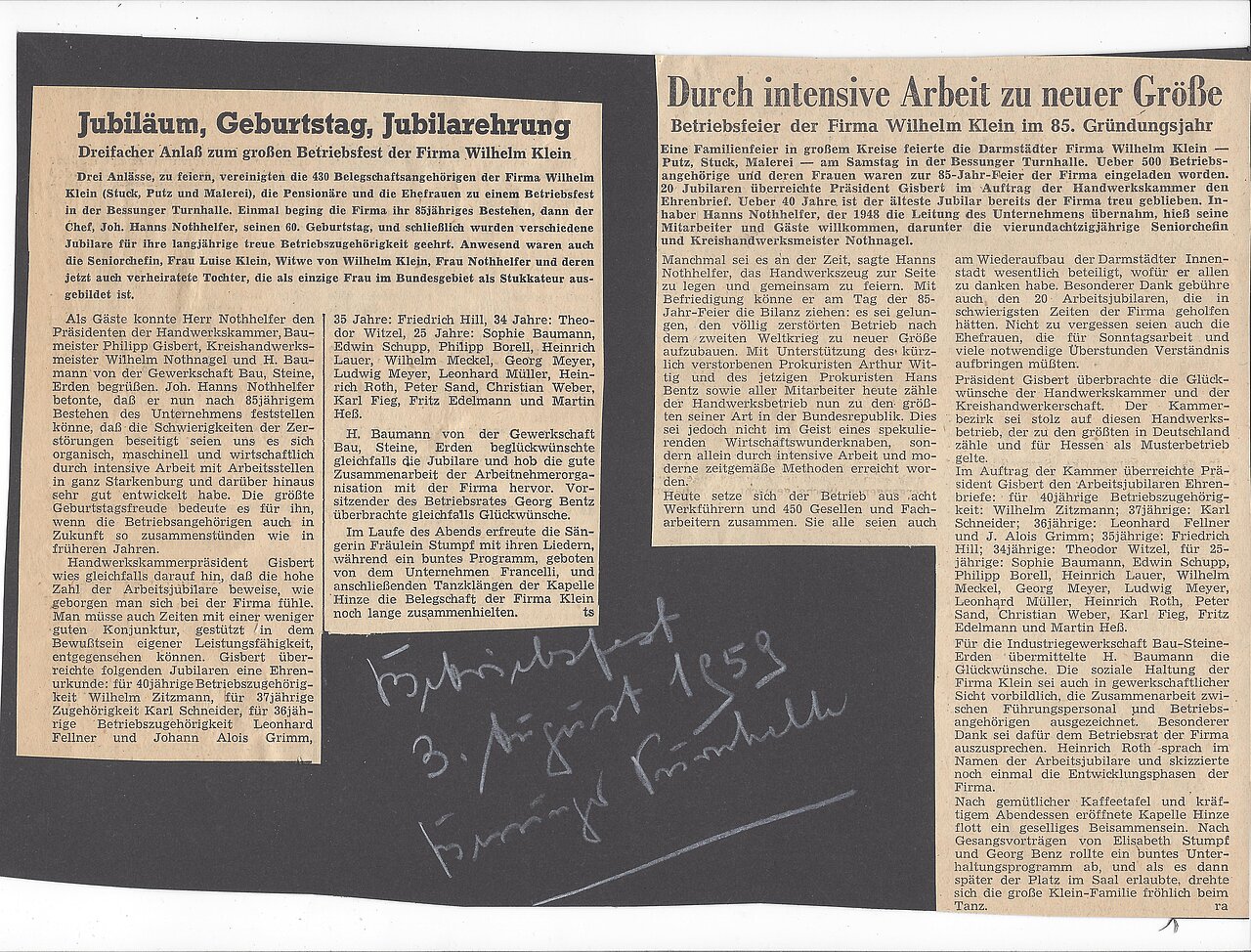 Die Presse berichtete ausführlich über das Betriebsfest zum 85. Jubiläum der Firma Klein. 